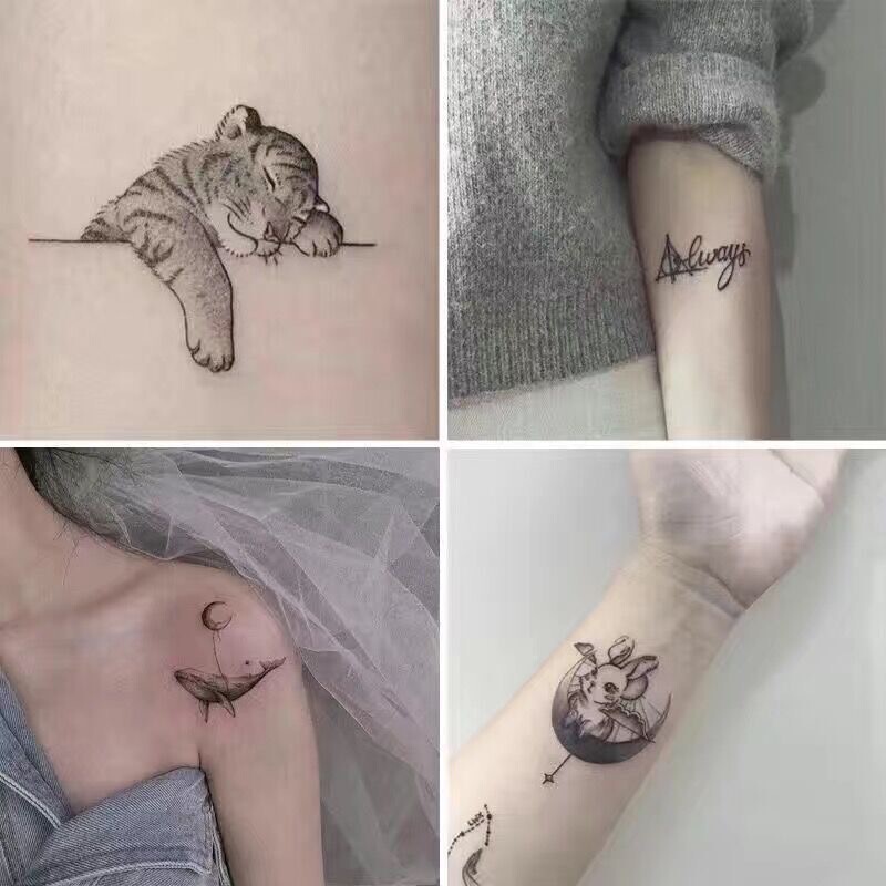 Minimalist Dark Style Moon Whale Little Tiger Ins-Style Tattoo Stickers Cute Cartoon Collarbone Tattoo Stickers for Men and Women
