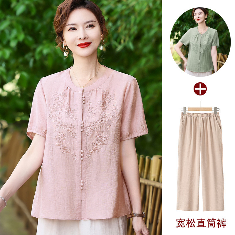 Mom's Summer Outfit 2026 New Style New Chinese Style National Style Blouse Two-Piece Set for Middle-Aged and Elderly Women, Fashionable and Versatile Belly-Covering T-Shirt