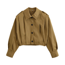 跨境外贸女装2025秋欧美风翻领长袖宽松打褶夹克棒球服女