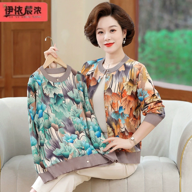 Женский Кардиган среднего возраста с круглым вырезом, Тонкий Топ 2024, весна и осень, новая мама носит мягкую привлекательный пиджак с принтом для женщин