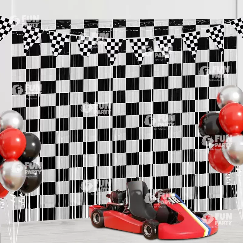 跨境赛车汽车主题生日派对黑白格雨丝帘炫酷拍照氛围道具场景布置