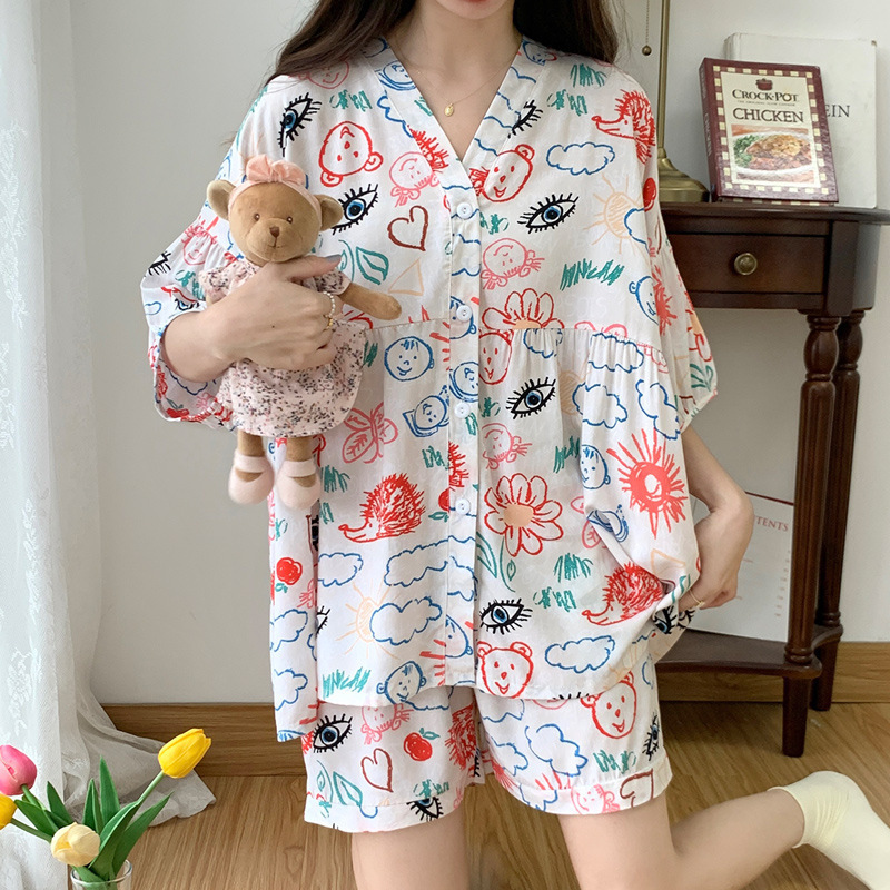 Short-sleeved Cartoon Cotton Silk Pajamas Women's Summer Thin Cardigan suit Japanese Style Cute Artificial Cotton Loose Home Clothes for Summer