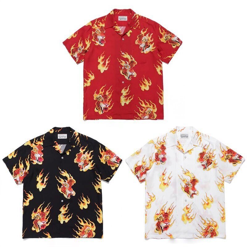 Wacko Maria Tim Lehi / Hawaiian Shirt Flame Tiger Hawaiian Short Sleeve Shirt Wacko Maria Tim Lehi / Hawaiian Shirt Flame Tiger Hawaiian Short Sleeve Shirt