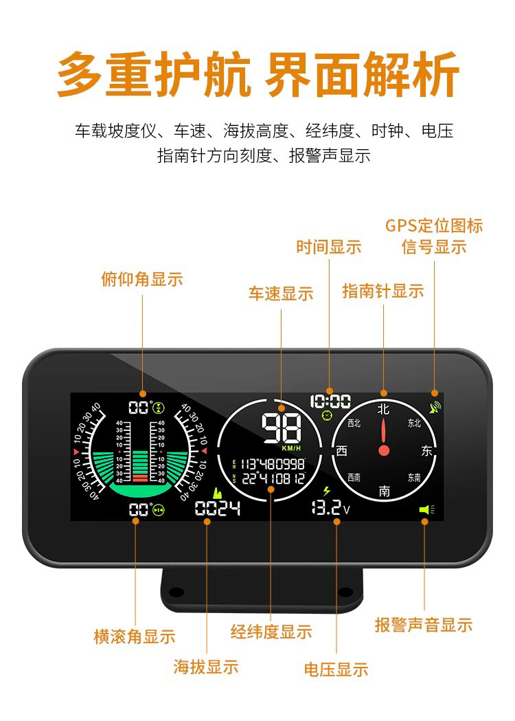 Car Hud Head-Up Display Universal Gps Speedometer Altitude Compass Off-Road Slope Meter Hd