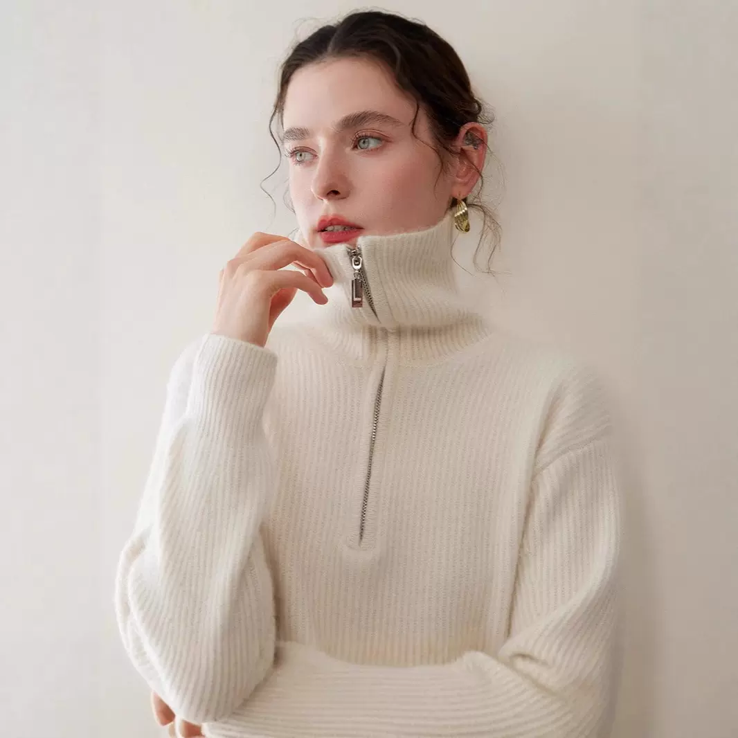 2025秋冬山羊绒女新式翻领半拉链套头羊毛衫针织毛衣