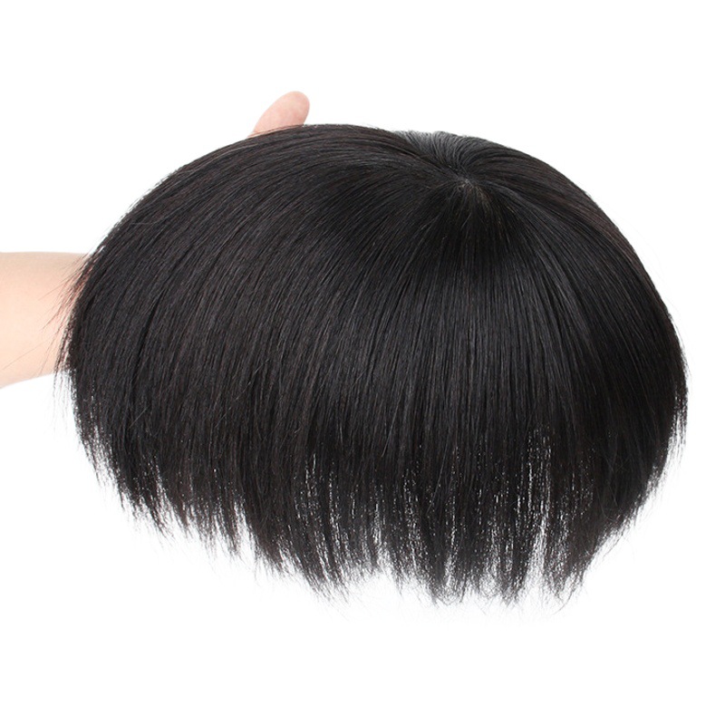 Peluca de los hombres de pelo corto máquina corbata en blanco completo pelo real pegajoso y de color caqui ligero casual split cabeza peluca