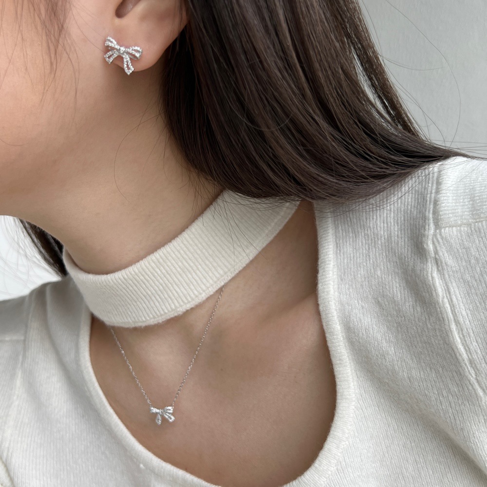 4g Weight Zircon Inlay Material Earrings, Necklace Classification Earrings + Necklace Quantity Holiday, Daily Occasion 925 Sterling Silver Material Bow Knot Pattern Women's Gender Plating, Inlay Design Elegant, Streetwear Style 925 Sterling Silver Zircon Plating Inlay Bow Knot Earrings Necklace 6