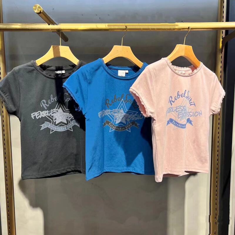 Japanese single M 2024 spring and summer printed slim lace Joker short sleeve T-shirt women 028HSZ90-0631