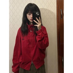 红色立领外套女学生秋季美式复古宽松休闲百搭棒球服短款夹克上衣
