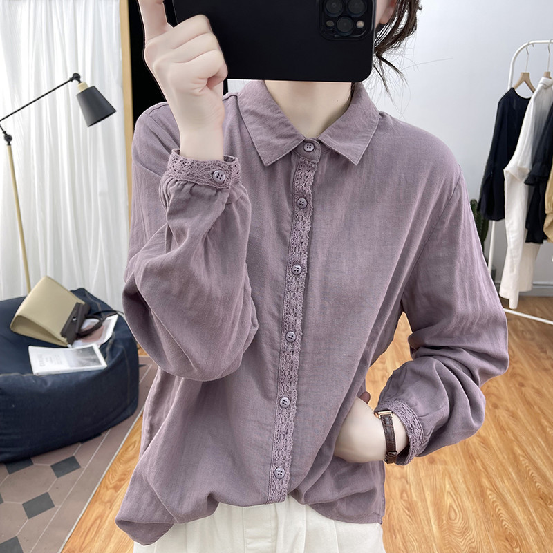 Lace Stitching Cotton Long-sleeved Shirt Women's 2023 Spring Loose Age-reducing Top Retro Base Shirt Shirt