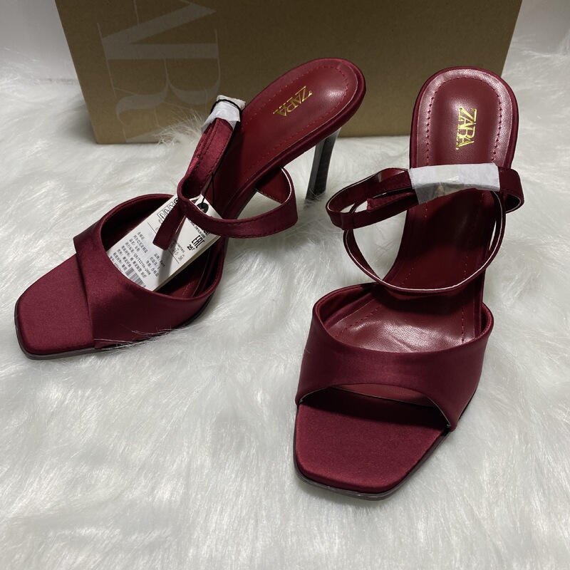 Za Home 2025 New Spring and Summer Women's Shoes Burgundy Stiletto Elegant Ankle Strap High Heels Square Toe Open Toe Strap
