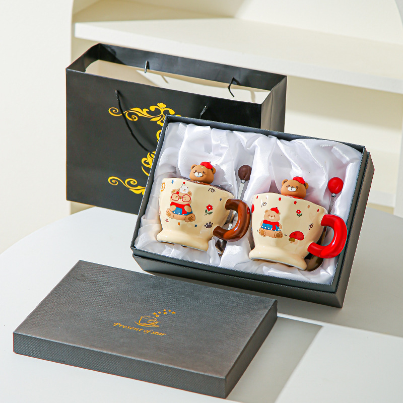 Creativa encantadora caricatura de cerámica tazas de marca pareja de tazas un par de tazas caja de regalo de boda regalos de mano