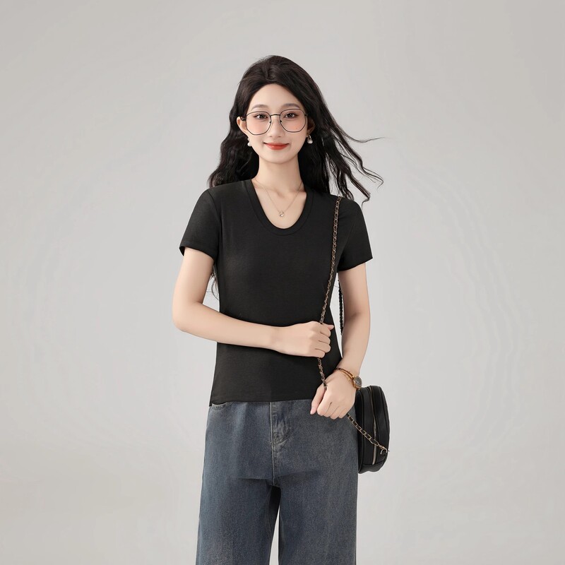 Wool Acetate Tencel Scoop Neck Short-Sleeve T-Shirt for Women, Slim Fit U-Neck Half-Sleeve Base Shirt with Sequins