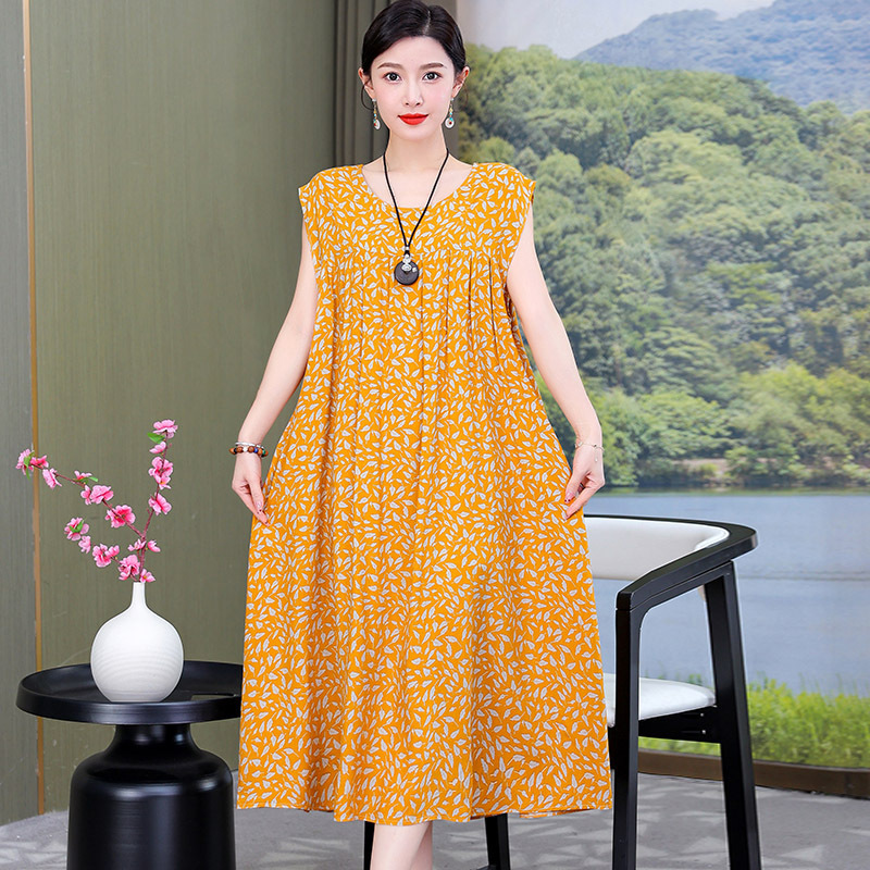 お母さんの綿のシルクのワンピースの半袖の中で老年の夏服の大きいサイズの婦人服は太ってゆったりしている人工綿のスカートの女性をプラスします。|undefined
