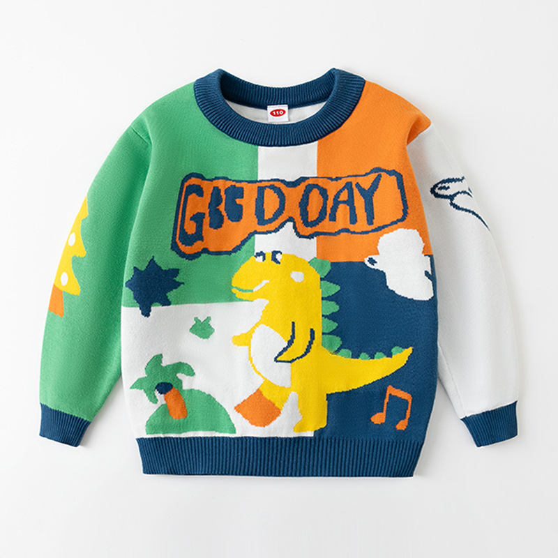 Children's Western Style Sweater Autumn and Winter Wear Boys' Warm Cartoon Dinosaur Pullover Knitwear Children's Wear Street Warm Top
