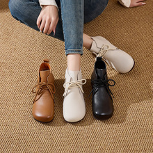 头层牛皮小短靴秋季平底靴子牛筋软底防滑妈妈鞋短筒系带靴子