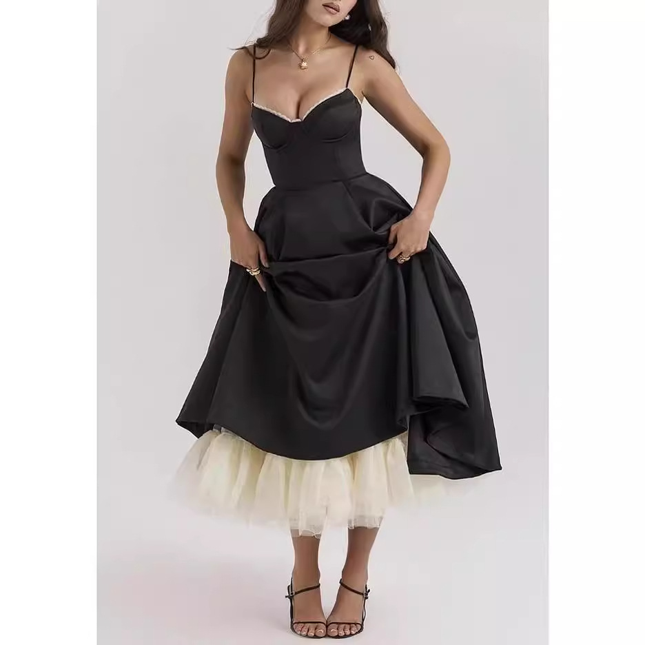 Feng 2024 Sommer Neue Damenmode Doppellagiges Spitzenband Sexy Slim Fit Holzohrrandkleid für Frauen_voghion.com