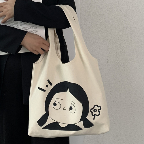 Korean version large capacity lazy style ins portable shoulder bag shopping bag simple literary and cute canvas bag school bag for women