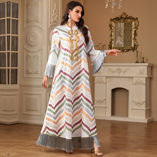 4211 Middle East Cross-Border Ready-Made Women's Elegant Robe Dubai Sequin Embroidered Tassel Solid Color Long-Sleeved Dress