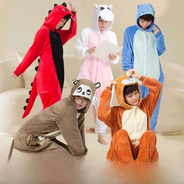 Cartoon Anime Pajamas Animal One-Piece Pajamas for Men and Women Couples Flannel Spring and Autumn Thickened Outer Wear Dinosaur Home Clothes