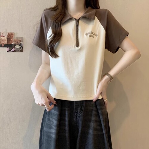 New Colorblock Shoulder-Strap Short-Sleeve Polo Collar T-Shirt for Women - Summer American Retro Hot Girl Short Top High-Waisted Top for Slimming