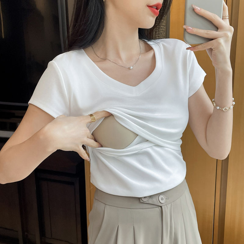 妊婦服の夏の新型純綿哺乳tシャツの産後の辛いお母さんのvネックの百合の修身はやせています。|undefined