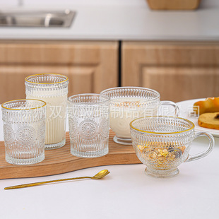 Phnom Penh Embossed Sunflower Cup Handheld Cup Accompanying Gift Vintage High-value Household Glass Juice Cup Gift Cup