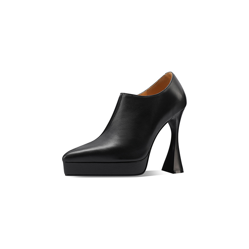 Giày cao gót nữ mũi nhọn miệng sâu gót thô 9 cm đế platform khóa kéo bên hông — Màu đen