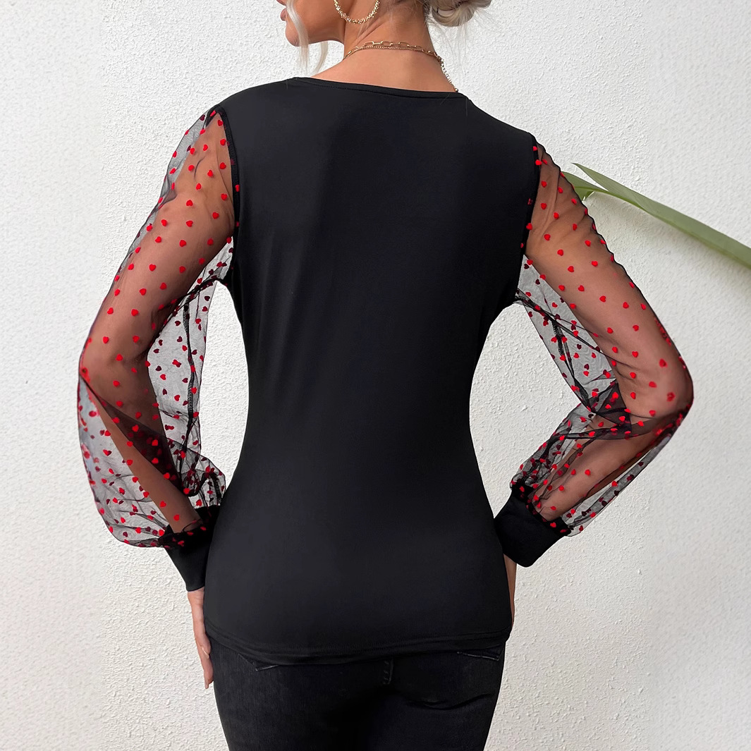 Camiseta superior de las mujeres europeas y americanas que basa la camisa con cuello en V manga larga sexy amor malla parte superior del cuerpo
