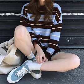 美式复古蓝色条纹长袖毛衣女2025秋季新款宽松百搭绝美圆领针织衫