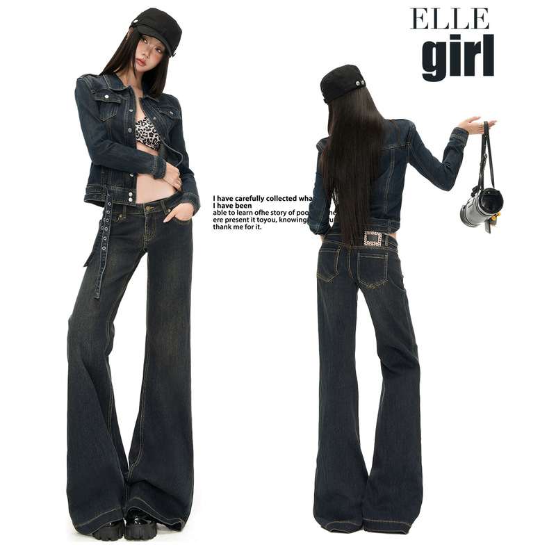 Li She # 2026 Autumn New Style Dark Blue Hot Girl Denim Short Jacket + Low-Waist American Style Flared Jeans Trendy Li She # 2026 Autumn New Style Dark Blue Hot Girl Denim Short Jacket + Low-Waist American Style Flared Jeans Trendy