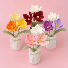 完成した手編みウールの花チューリップ鉢植え家庭用家具ニット造花デスクトップ盆栽小さなギフト