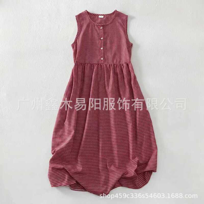 Cross-Border Amazon Aliexpress Cotton and Linen Loose-Fitting New Style Comfortable Breathable Plaid Sleeveless Buttoned Vest Dress Cross-Border Amazon Aliexpress Cotton and Linen Loose-Fitting New Style Comfortable Breathable Plaid Sleeveless Buttoned Vest Dress