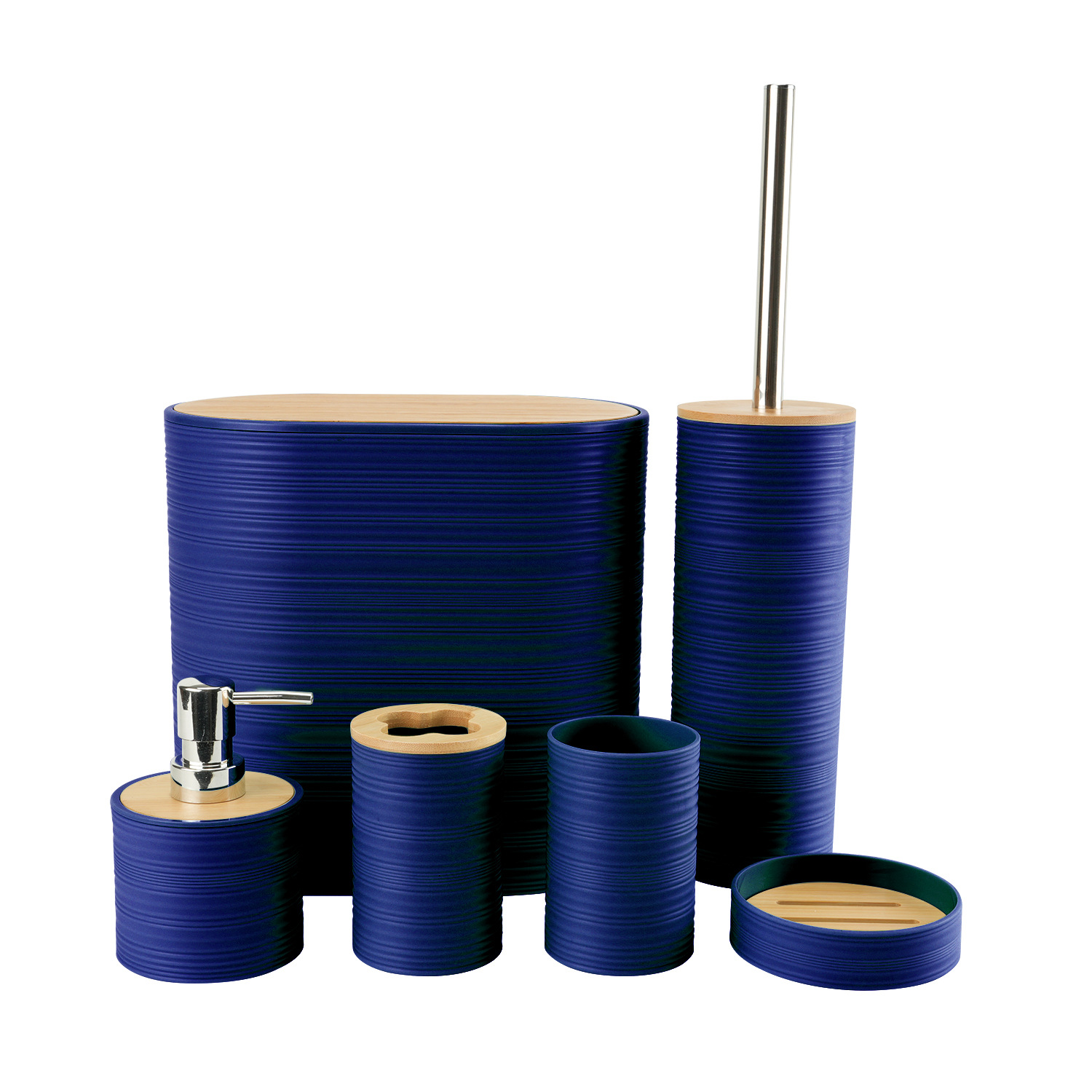 Tapa de bambú de patrón horizontal, baño, lavado de plástico, fabricante de seis piezas, almacenamiento de baño al por mayor, estante para enjuague, funda para cepillo de dientes