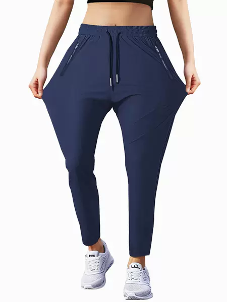 Cross-Border New High-Waisted Women's Outdoor Lightweight Breathable Quick-Drying Elastic Running Sports Pants with Zipper Pockets