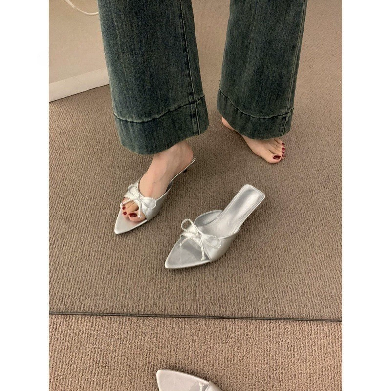 Slippers pointy toe, footwear, slide with bow, french style, 2024 years
