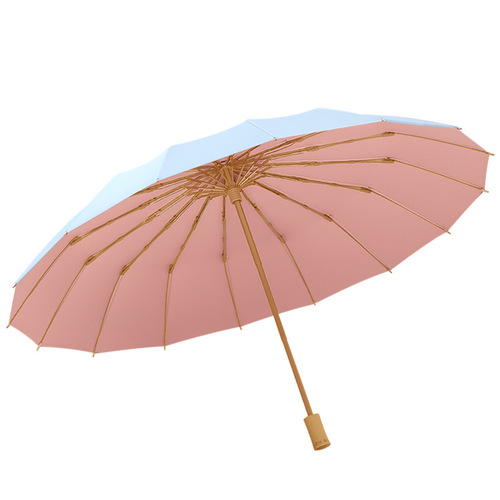 Sixteen-bone color glue three-fold umbrella sun umbrella small fresh wooden handle ins girl solid color folding umbrella logo wind-resistant umbrella