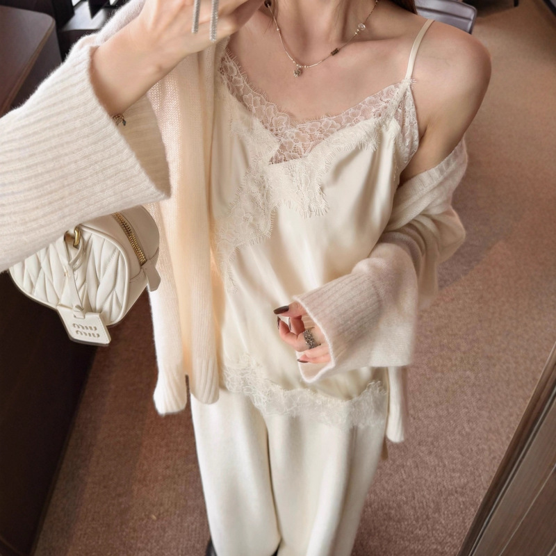 Mx Eyelash Lace Imitation Satin Acetate Spaghetti Straps V Neck Bias Cut Asymmetrical Camisole Women's Top Mx Eyelash Lace Imitation Satin Acetate Spaghetti Straps V Neck Bias Cut Asymmetrical Camisole Women's Top