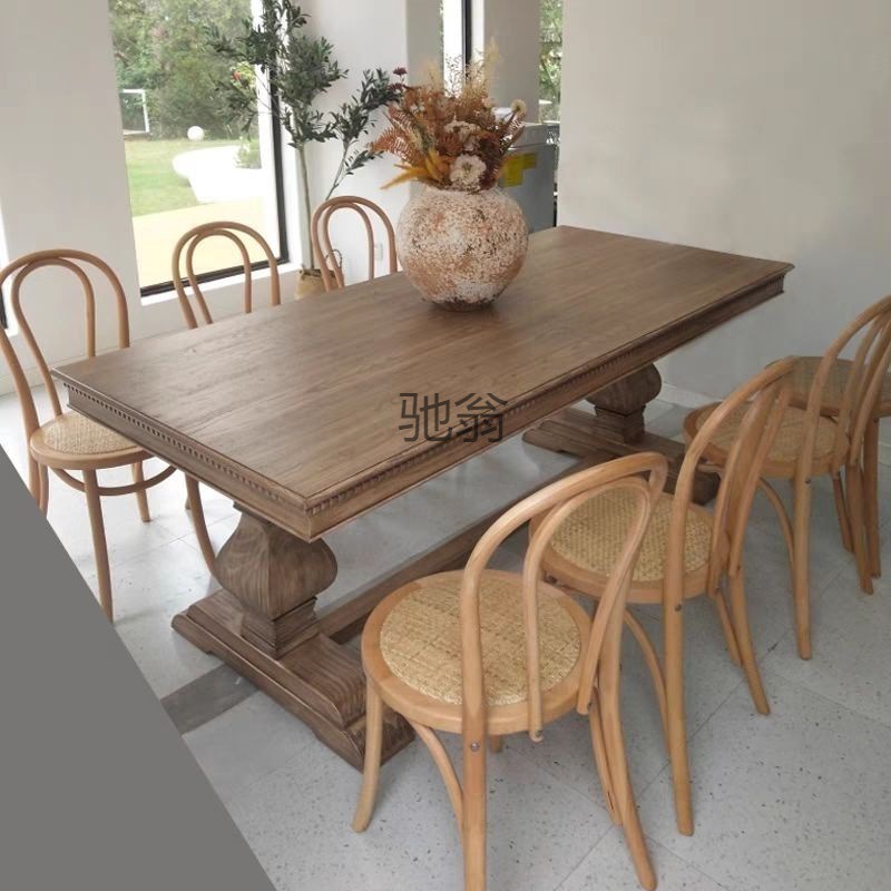 Yu美式实木餐桌椅组合欧式复古长方形茶桌原木咖啡桌办公长桌