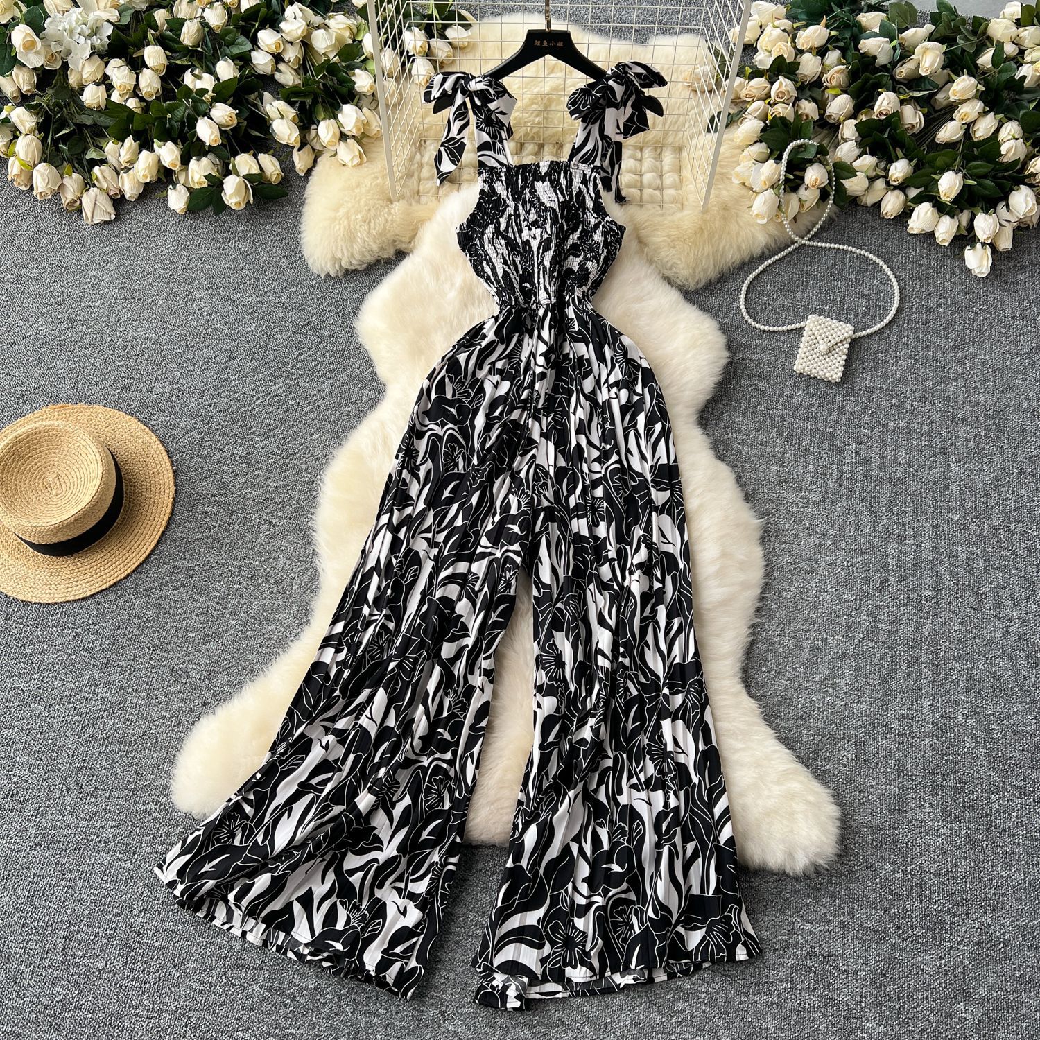 Viajes y vacaciones con mono para mujer, pliegues elásticos de verano, cintura, tirantes florales, pantalones largos de pierna ancha, pantalones de playa