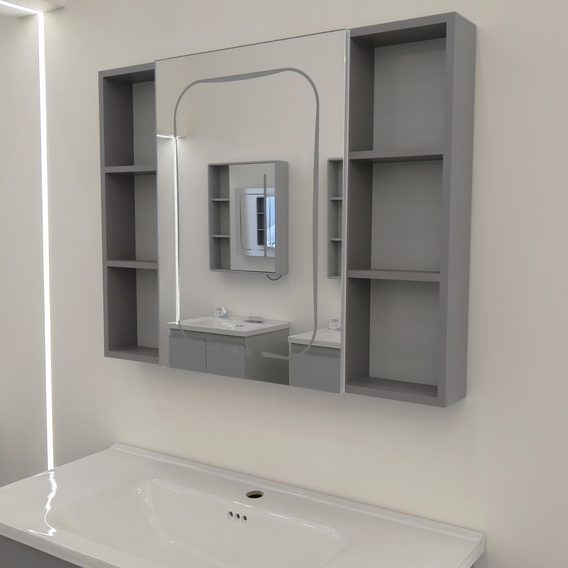 Mueble de Baño con Lavabo de Acero Inoxidable y Cerámica, Desempañado Inteligente, Suspendido de Pared, para Baño image 5