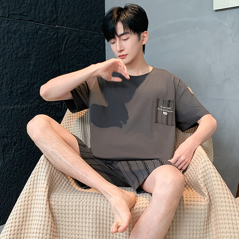 100% 純綿パジャマ男性半袖夏の薄いタイプの青少年カジュアルでゆったりした綿100% の家庭服セット