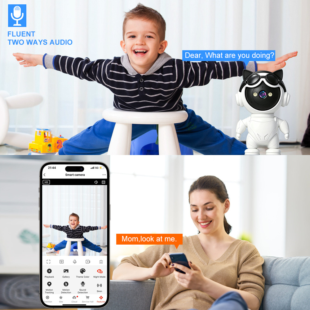 Tuya WiFi Ağ Çizgi Film Robot Güvenlik İzleme Akıllı Telefon Uzaktan Kumanda Yüksek Çözünürlük Gece Görüşü 5G Kamera