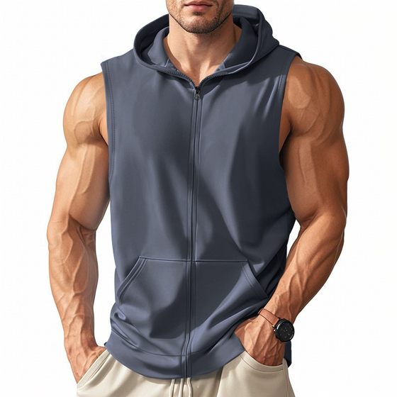 2025 Cross-border Summer American-style Men's Sports Fitness Training Zipper Hooded Cardigan Sleeveless Loose Breathable Vest