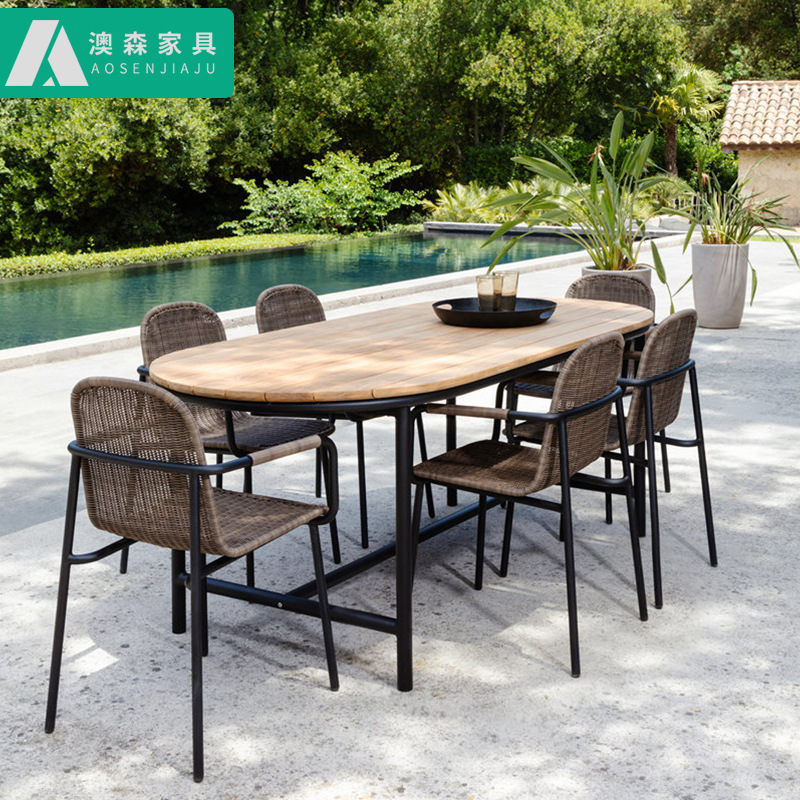 Outdoor Rattan Commercial Table and Chair Combination Open-Air Villa Model Room Dining Table Rattan Chair Rainproof Bed and Breakfast Outdoor Table and Chair