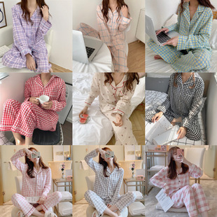 Cross-border Export Amazon Korea K-style Plaid Spring & Fall Long-sleeved Pajamas for Women Cartoon Southeast Asia Export Wholesale
