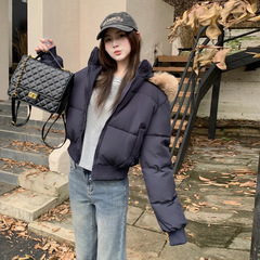毛领连帽白色羽绒棉服女2025冬季新款收腰加厚保暖短款面包服外套