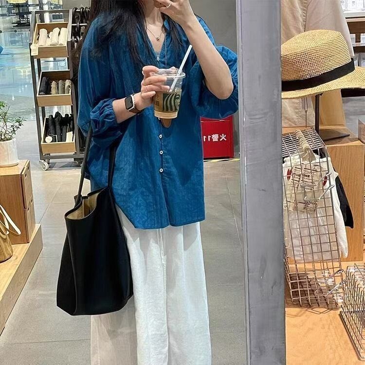 Peacock Blue Lantern Sleeve Sun Protection Shirt Jacket for Women, Summer Thin Breathable Top, Loose and Casual Style Shirt Peacock Blue Lantern Sleeve Sun Protection Shirt Jacket for Women, Summer Thin Breathable Top, Loose and Casual Style Shirt