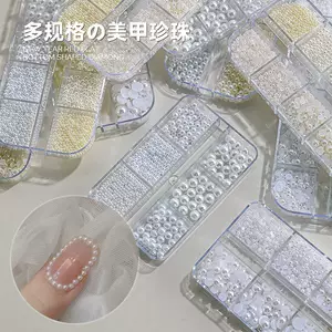 เครื่องประดับทำเล็บ 12 ช่อง แบบมีความเงางาม ขนาดใหญ่-เล็กคละแบบ รูปครึ่งวงกลม ไม่มีรู สามมิติ สีขาวบริสุทธิ์ สีเบจอ่อน ไข่มุก จำหน่ายส่ง