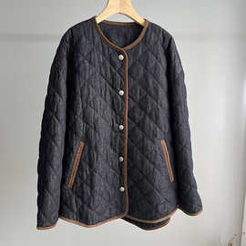 P645698NN 秋冬新款菱形格撞色牛仔羽绒外套百搭休闲羽绒服